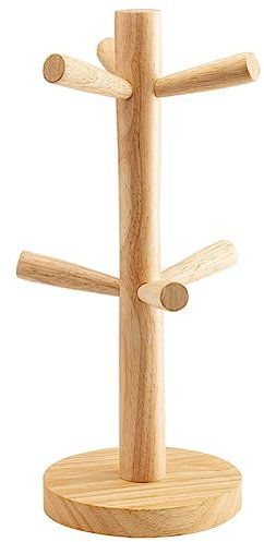 QUUPYSTORE Wood Mug Tree Stand with 6 Hooks Coffee Cup Holder Countertop Mug Tree Organizer
