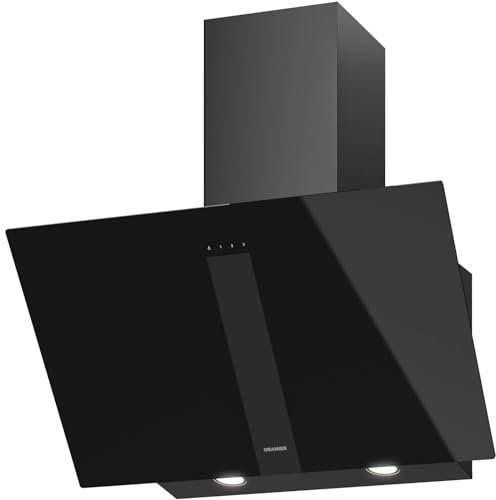 Oranier Kopffreihaube 75 cm UNA75S1- schwarze Umluft Dunstabzugshaube mit weißer LED Anzeige - Schräghaube mit 3 Leistungsstufen - Touch-Control