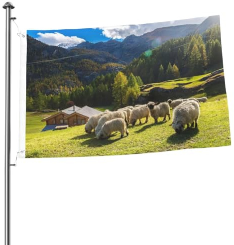Flagge 2x3FT Outdoor-Flagge Gartenflaggen Tapisserie-Zaun-Banner Feiertags-Yard-Party-Flaggen,Schweizer Alpen Walliser Schwarznasenschaf Nest Tiere Natur