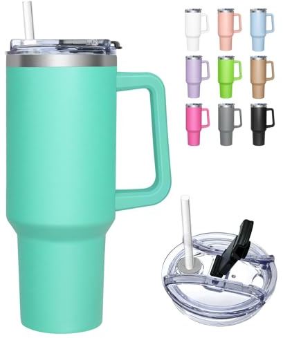 HNCY Termisk resemugg med 2-i-1 lock, 1180 ml termisk drickflaska, termisk kopp med sugrör och lock, rostfritt stål resemugg med handtag, tumblerkopp för kopphållare