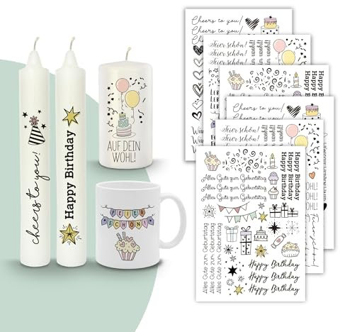 MilaBoo® Kerzentattoos 6x A5 I DIY Aufkleber für besondere Anlässe einfache Anwendung I Wasserschiebefolie für Kerzen I Premium Kerzenaufkleber (Geburtstag-A5)