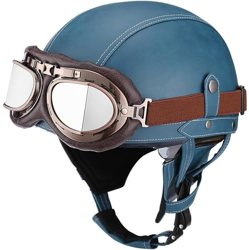 Casque Moto Vintage De Protection en Cuir Bol Homme Homologué ECE Casques Jet avec Lunettes à DéGagement Rapide Scooter