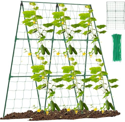 Gatphy Garden Cucumber Trellis, A-Frame Support Stand with Climbing Net and Ties, Outdoor Rustproof Climbing Trellis Garden Climbing Frame for Outdoor Vegetables Flowers