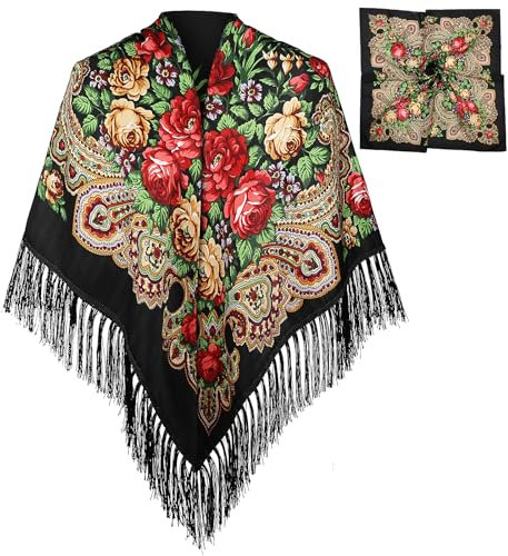 BAIFUMEN Trachtentuch Damen 135x135cm – Retro Ethno Schal mit Fransen, als Poncho tragbar, inkl. Seideneinstecktuch