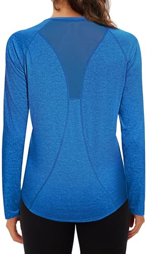Wayleb Sportshirt Damen Langarmshirt V-Ausschnitt Sport T-Shirt Langarm Oberteile Funktionsshirt Leichtes Atmungsaktiv Back Mesh Laufshirt Fitness Yoga Top Sportbekleidung, Blau S