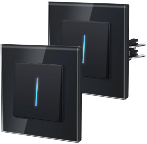BSEED Interruttore della luce in vetro, interruttore da incasso con artigli, interruttore di commutazione con luce di fondo, facile montaggio, serie E, 1 vano, 1 via, 2 pezzi, 86 mm, nero