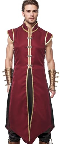 UniqKaliber herr medeltida vikingaväst, renässans ärmlös tunika toppar vintage lång väst riddare cosplay kostym