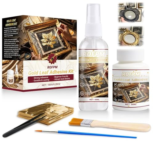 Kit de Cola para Dorado con Hoja de Oro, 50ml Adhesivo y Barniz a Base de Agua, 2 Pincel, 100 Hojas de Oro, Gold Leaf Adhesive para Decoración de Muebles y Artesanías, Manualidades y Pinturas