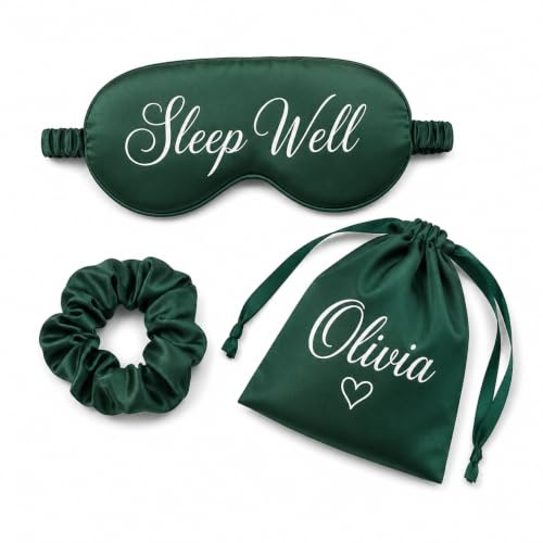 Individuelle Schlafmaske, personalisierte Seiden-Augendeckung, Augenschutz, weicher Satin-Augenbinde, elastischer Riemen, nächtliche Augenabdeckung, reisegeeignete Schlafmaske für Frauen (Olivgrün)