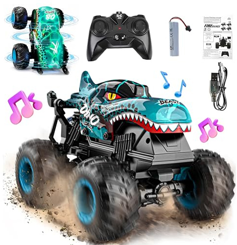 BEZGAR MonsterTruck Toys - Monster Truck Remote Control Car with Light & Music, Dinosaur Toys for Boys, RC Truck with 360° Spin & Rotating, Remote Control Car for Kids age 3 4 5 6 7 8+, Cyan Blue