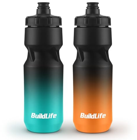 BuildLife 2 Pack Sports Water Bottle, 710ML Squeeze Water Bottle, Biking Water Bottles, BPA Free & Leakproof Cycling Bottles for Hiking, Outdoor Sports Dishwasher Safe (BlackBlue+BlackOrange)