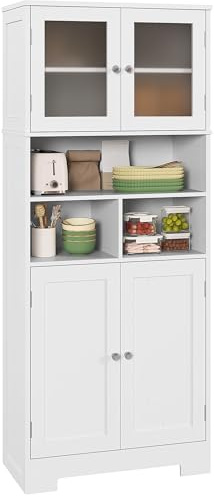 HOMCOM Credenza Cucina con 2 Armadietto, 3 Vani Aperti, Mobile Dispensa Stretto con Ante in Vetro e Ripiani Regolabili, per Soggiorno, Sala da Pranzo, 60x30x145.5 cm, Bianco