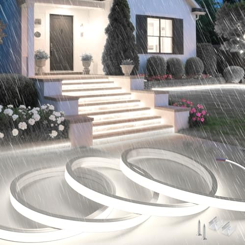 SUCIKORIO 5m Neon LED Streifen Ohne Netzteil 230V Direktanschluss Silikon Wasserdicht Feuerfest IP65 Led Strip Weiß 6000K 10mm Zuschneidbar Leds Lichterkette Außen Lichtband Aussenbereich