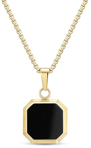TUNGSTORY Edelstahl Vergoldet Halskette für Herren Damen mit Anhängern – Minimalistisch Modern mit Schwarzem Onyx, Länge 50 + 5 cm