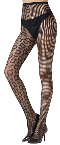 MANZI 1 Paar Halloween Netzstrumpfhose Damen Muster Netz Strumpfhose Schwarz Hohe Taille Gotisch Strumpfhosen für Damen Pokerkaro