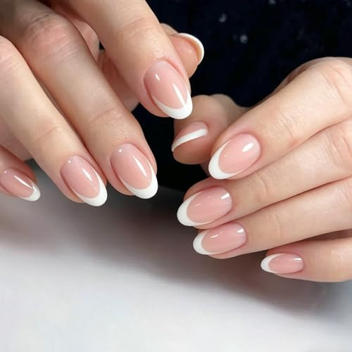 30 Pcs Acrylic Press on Nails Short Almond, French Tip False Nails, Natural Nude Fake Nails Set Classic Soft Gel Stick on Nail for Women Daily Wedding Wear