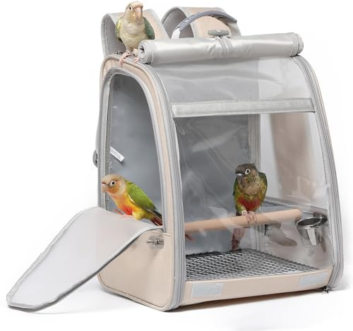 Bird Carrier Backpack, Portable Travel Bird Cage with Standing Perch, 2 Feeder Cups, Iron Mesh Stand & Removable Tray Lightweight, Breathable Mesh Window for Parrot Carrier，Easy Clean (Cream)