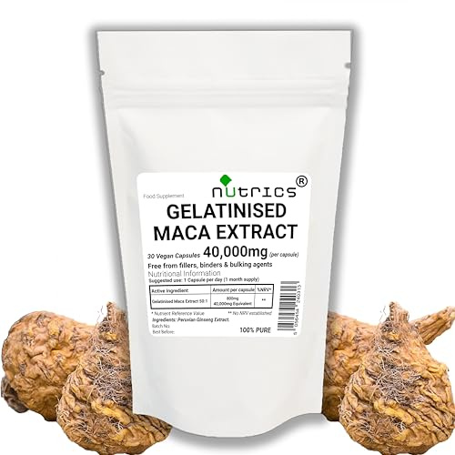 Nutrics® 40,000mg (per Capsule) GELATINISED MACA Root Extract 30 V Capsules Peruvian Ginseng Pure 50 Times Stronger Than MACA Powder - No Additives (30 V Capsules (1 Month Supply))
