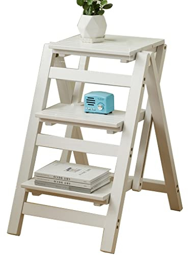 Taburete plegable de madera de 2 escalones, escalera de cocina y estante de almacenamiento, banco de escalada de madera blanca para uso doméstico, diseño de ahorro de espacio (tamaño: 41,5 x 57 x 65