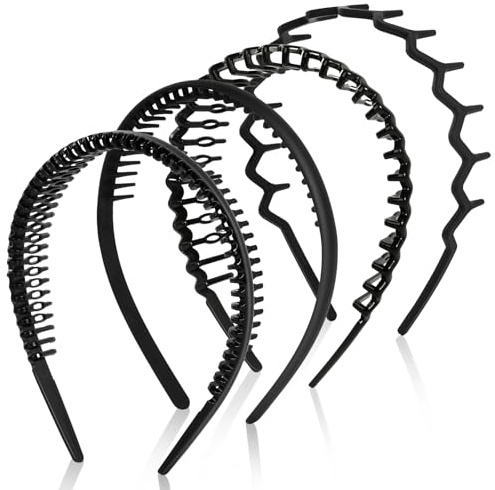 LOPHE Diadema Pelo Hombre y Mujer, 4 Piezas Diademas de Plásticos con Dientes, Cinta de Pelo Antideslizante y Elástica, Accesorios de Diadema de Moda para Yoga, Maquillaje y Lavado (Negro-4 Estilos)