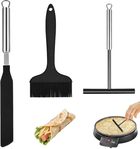 CHUANFU 3 Pièces Distributeurs à Crêpes Inox, Spatule Crepe Silicone, Brosse à Huile, Crêpes Kit Spatule Patisserie, pour Cuisiner à la Maison Faire des Cuisson des Gaufr