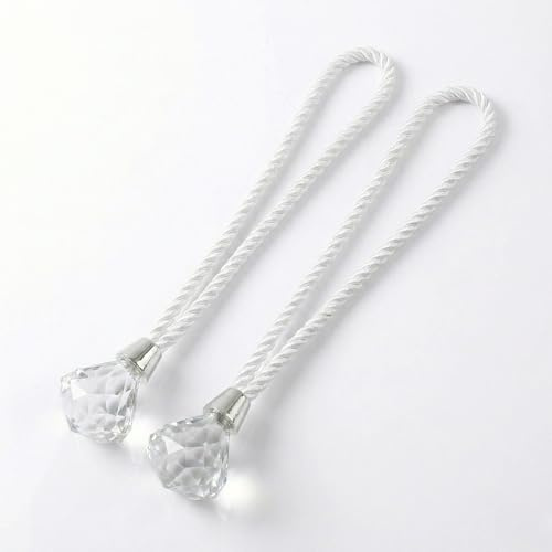 SOLOVO Coppia di Fermatende a Corda con Cristallo a Diamante, Embrasse per Tende Eleganti e Moderne, Lunghezza 70 cm, Colore Bianco, Set da 2 Pezzi