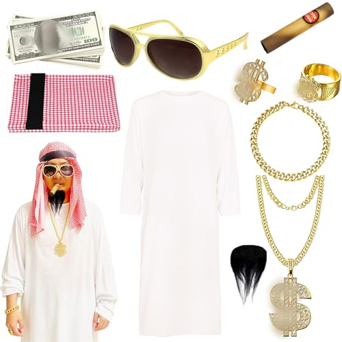 MmmLucipor Costume da Sceicco Arabo Uomo, Vestito Arabo Uomo, Arabische Kleidung Herren Set, Arabisches Weißes Gewand mit Kopftuch, include zubehör, fur halloween, karnavel, party