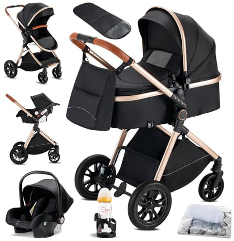 KAVELLIN Kinderwagen 3 in 1, Kinderwagen, Zusammenklappbar kombikinderwagen 3 in 1 komplettset inkl. Becherhalter, Moskitonetz, Fußabdeckung, Regenschutz, Kinderwagen for 0-36 Monate, Schwarz/Gold
