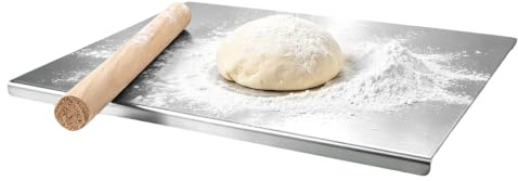 Oungy Tagliere in acciaio inox con bordo, 30 x 40 cm, per impasto e pane | Tagliere in acciaio inox, piano di lavoro in acciaio inox, con mattarello in legno, per pane, pizza, impasto e cottura