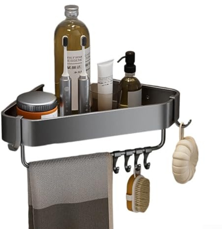 Mensola angolare da bagno a parete, con asta per asciugamani e ganci, senza trapano, cestino organizer per doccia, per bagno, grigio canna di fucile