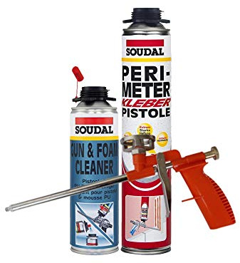 Soudal Kombi Set 1 x Perimeterkleber 750ml Dose + 1 x Soudal PU- Reiniger 500ml Dose + Schaumpistole Compact