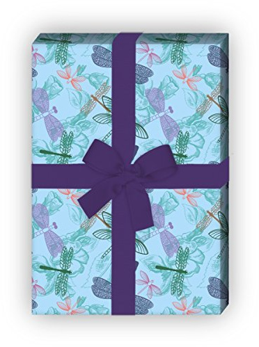Set 4 Bogen: Sommerliches Blumen Geschenkpapier, Dekorpapier, Papier zum Einpacken mit Libellen, hellblau, universal Packpapier um schöner zu schenken 32 x 48cm