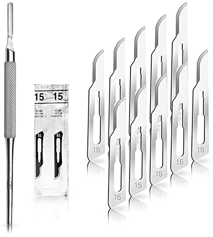 May Set 10 Stück Skalpellklingen Figur 15 Karbonstahl Ersatzklingen einzeln steril verpackt 1x Skalpell-Halter rundem Griff Edelstahl