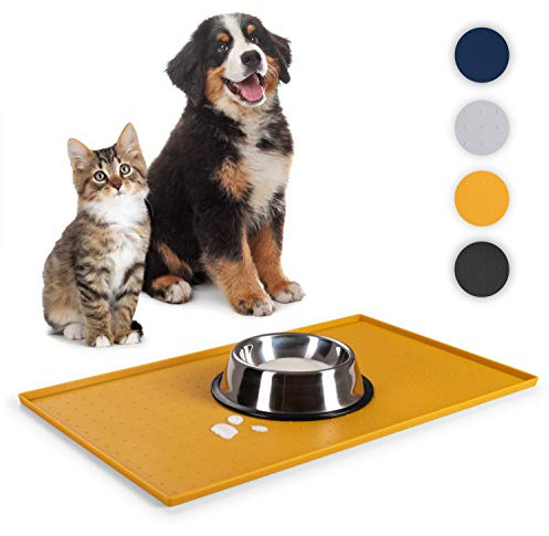 Everanimals Napfunterlage für Katzen – Napfunterlage für Hunde, 50 x 30 cm, rutschfest – Teppich mit hohen Kanten – Schutz aus Gummi 50 x 30 cm, 100% wasserdicht – für Hunde & Katzen – Silikon – Gelb