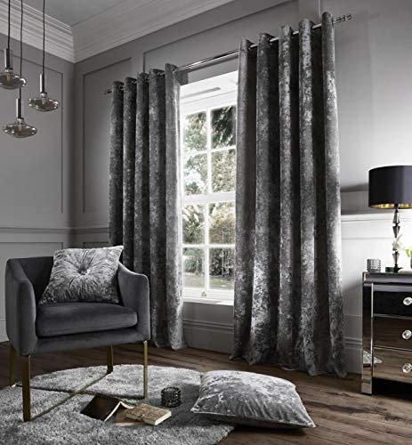 Hachette Crushed Velvet Eyelet Ring Top Pair of Fully Lined Curtains (Charcoal Grey, 46 x 54)