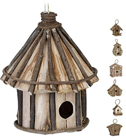 Relaxdays Deko Vogelhaus zum Aufhängen, unbehandeltes Holz, Balkon, Terrasse, Garten, Nistkasten HxD: 25 x 20 cm, Natur, G