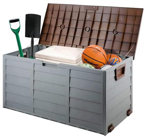 Outdoor Garden Furniture Storage Box - Plastic Seat Utility Chest Cushion Shed Box For Garden Tools, Toys, Equipment | Safe and Secure - All Weather Resistant | Indoor - Brown Lid, Handles and Wheels