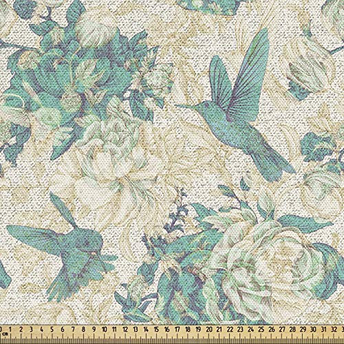 ABAKUHAUS Vintage Rose Stoff als Meterware, Grunge Vogel und Blätter, Qualitäts Stoff Polster für Wohnaccessoires, 10M (160x1000cm), Meeresschaum