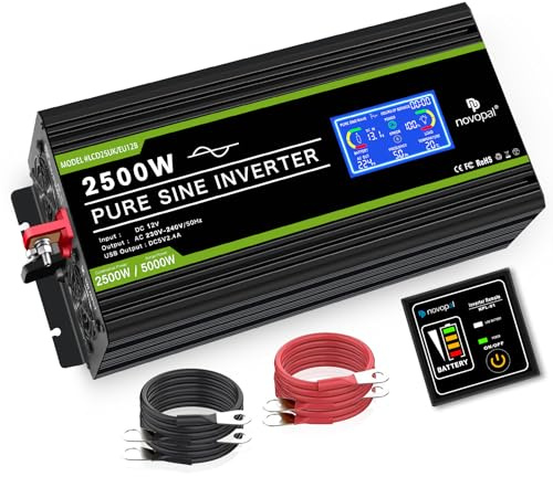 NOVOPAL 2500W Wechselrichter 12v auf 230v Spannungswandler Reiner Sinus | 5m Fernbedienung, 2.4AUSB & Spitze 5000W, Intelligenter LCD-Anzeige ür Haushaltsgeräten, Wohnwagen, Boot, Camping