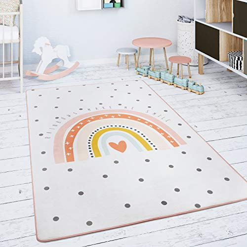 Paco Home Spielmatte Kinderteppich Teppich Kinderzimmer rutschfest Modern Regenbogen Herz Creme Rosa, Grösse:150 cm Rund