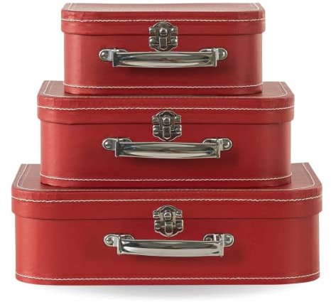 Soul & Lane Dekorative Koffer-Aufbewahrungsboxen mit Griff, 3er-Set Kofferboxen aus Karton mit Deckel, rote Vintage-Gepäck-Requisite, Reise-Dekor für Zuhause, Reise-Thema-Party-Dekorationen