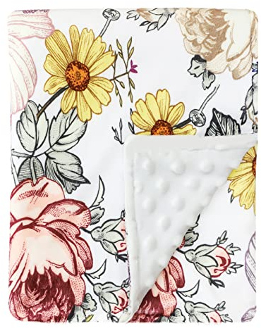 Blumen-Babydecke, Florale Minky-Kleinkinddecke für Jungen und Mädchen, Gepunktete Rückseite, doppellagig, für Kinderzimmer/Kinderwagen/Kleinkindbett/Autositz, 76,2 x 101,6 cm