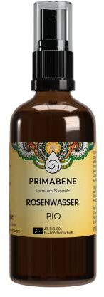 PRIMABENE Bio Rosenwasser 100 ml - Naturreines Gesichtsspray aus Rosa Damascena für Gesicht, Haare & Körper - lebensmittelgeeignet - Glasflasche mit Pumpzerstäuber - alkoholfrei, frei von Zusätzen