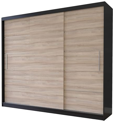 Fabryka Mebli Idźczak Kleiderschrank, Wohnzimmerschrank - Sonoma, Schwarz Schwebetürenschrank, Schlafzimmerschrank - ‎61 x 250 x 218 cm - Schrank für Schlafzimmer, Wohnzimmer, Garderobe, modern
