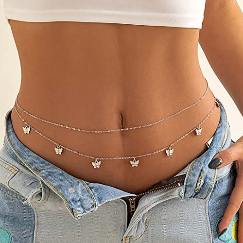 Carufin Double Layer Taillenketten Schmetterling Bauchkette Mode Körper Accessoires Schmuck für Frauen und Mädchen (Silber)