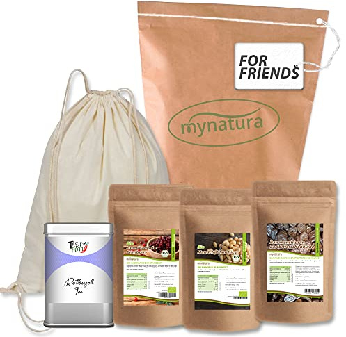 Mynatura Geschenk Set – Für Freunde, Kollegen, die WG oder die Nachbarn I Wählbar I Bananenchips Schokolade I Mandeln I Tee I Cranberries I Gymbag I Karte (Für die besten Freunde)
