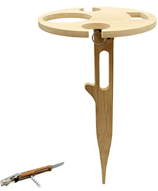 UNUS Garden Weintisch klappbar Outdoor, Weinhalter aus Bambus Holz, Natur | Weinglashalter für Picknick, Camping oder Garten, inklusive Taschenmesser mit Korkenzieher und Flaschenöffner