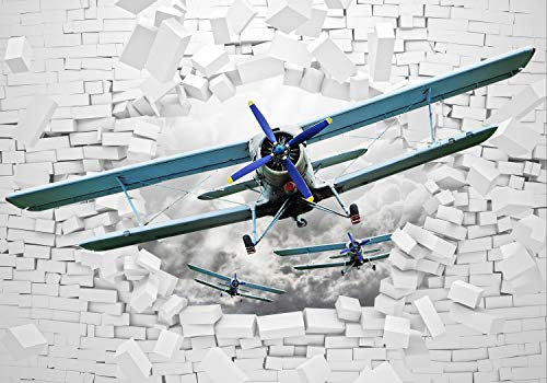 wandmotiv24 Fototapete Sport-Flugzeug Ziegel, 200 x 140cm - selbstklebende Strukturtapete, Wanddeko, Wandbild, Wandtapete, Himmel, Loch, Mauer M1288