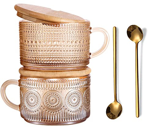 JVJRFQ Vintage Glass Coffee Mugs Set of 2 Amber, Embossed Tea Cups with Bamboo Lids and Spoons, 14 Oz Glass Breakfast Cups for Cappccino, Latte, Yogurt, Dessert, Breakfast, Mothers Day Gifts