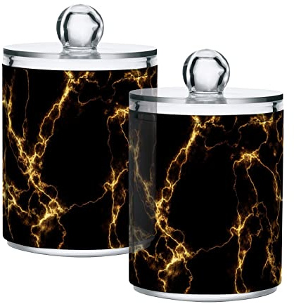 CHIFIGNO Black Gold Marble Clear Plastic Jars 2 Pack Clear Plastic Apothecary Jars Bathroom Storage Organizer for Cotton Ball, Swab, Floss, Makeup Sponges, Hair Clip 10 Oz